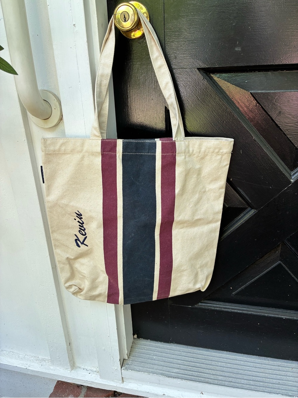 J. Crew Canvas Tote Bag with Burgundy & Navy Stripes. Embroidered with “Kevin.”